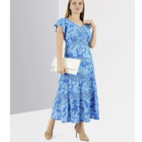Lauren Ralph Lauren Jersey Knit Floral Flutter Cap V-Neck Tiered Midi Dress 8 - Picture 1 of 11